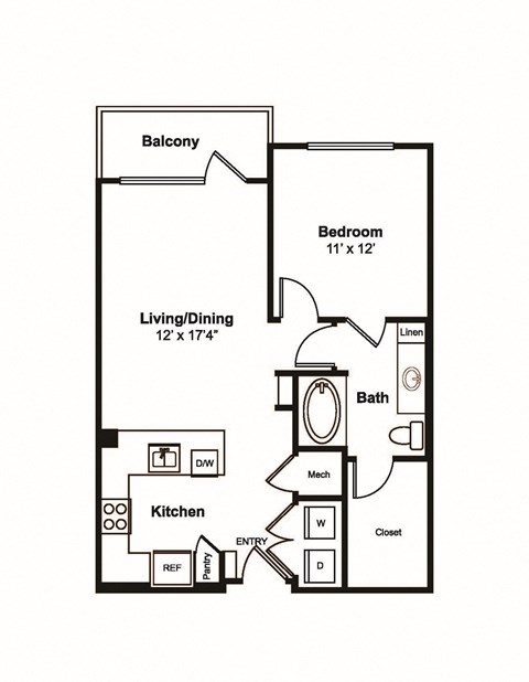 Floor plan for 1 bed, 1 bath, 734 sqft